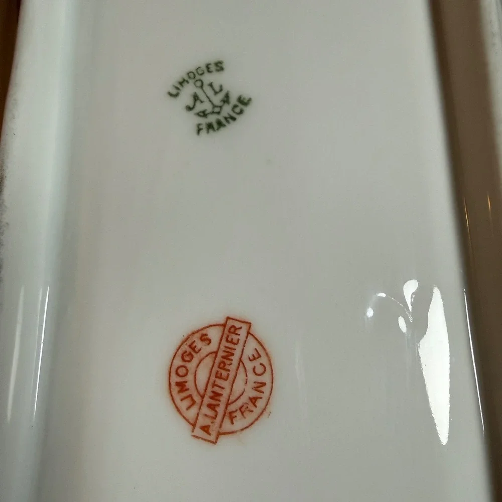 A. Lanternier Limoges Antique Celery Relish Dish Floral Scalloped Gold Puple VTG